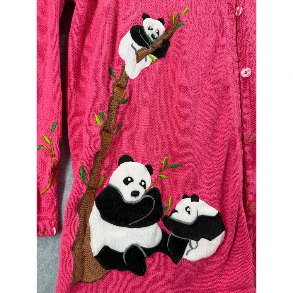 Quacker Factory Panda Cardigan 1X Pink Embroidered Applique Ramie